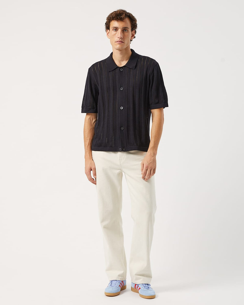 Pointelle Stripe Buttondown - Black-Knit Polo-Alpafina-Corridor