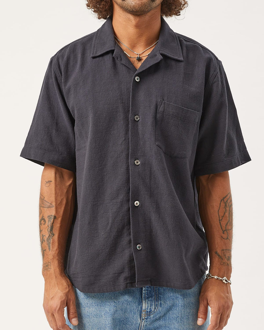 Hopsack SS - Black-Short Sleeve Shirt-Original Madras Trading Co. (OMTC)-Corridor