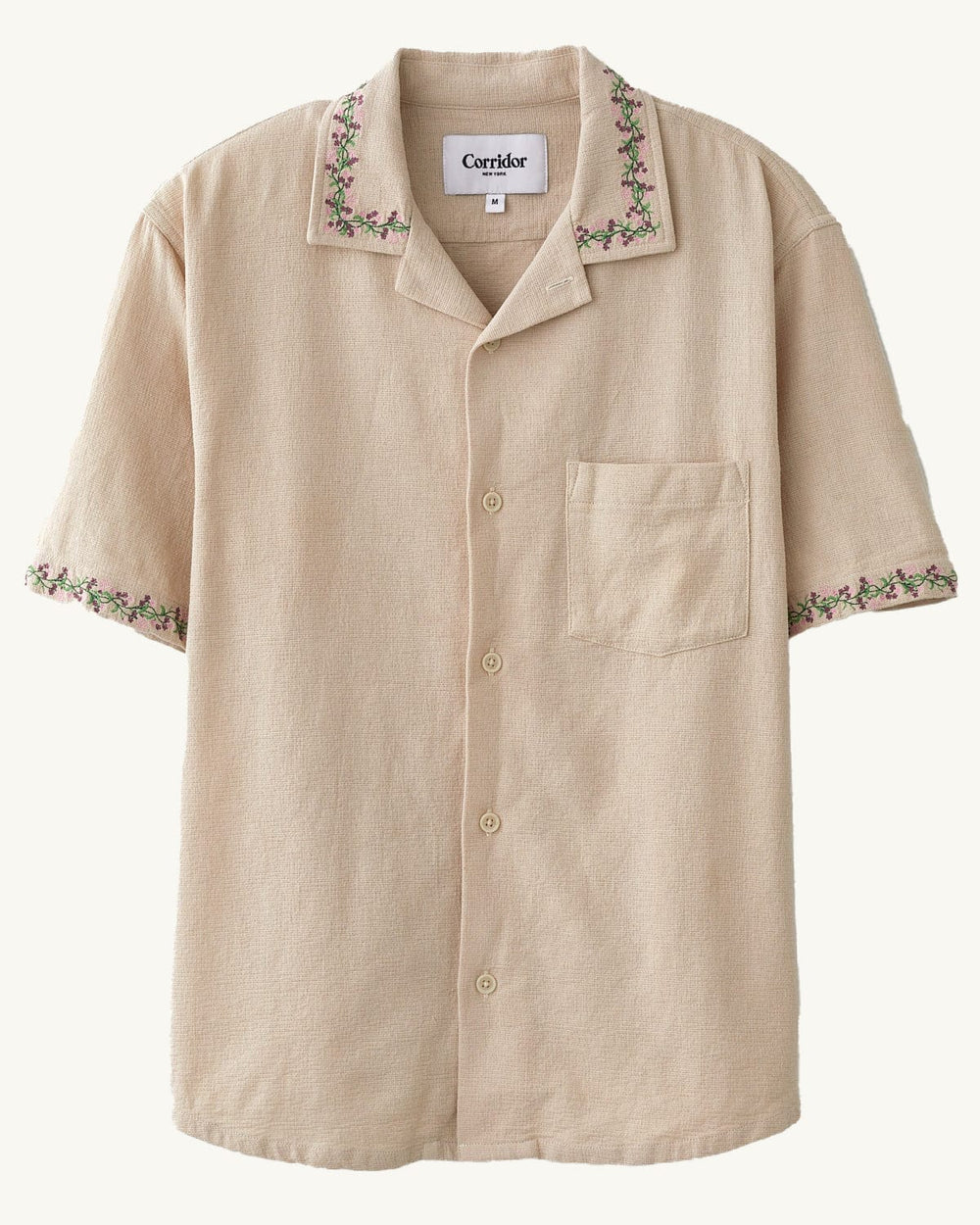 Hopsack Embroidered SS Camp - Khaki-SS w/ Camp Collar-OMTC-Corridor