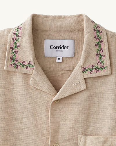 Hopsack Embroidered SS Camp - Khaki-SS w/ Camp Collar-OMTC-Corridor
