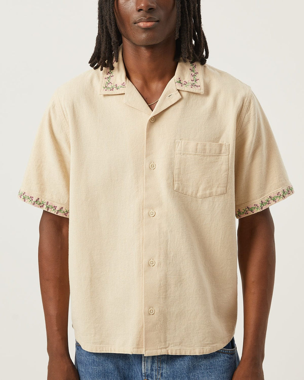 Hopsack Embroidered SS Camp - Khaki-SS w/ Camp Collar-OMTC-Corridor