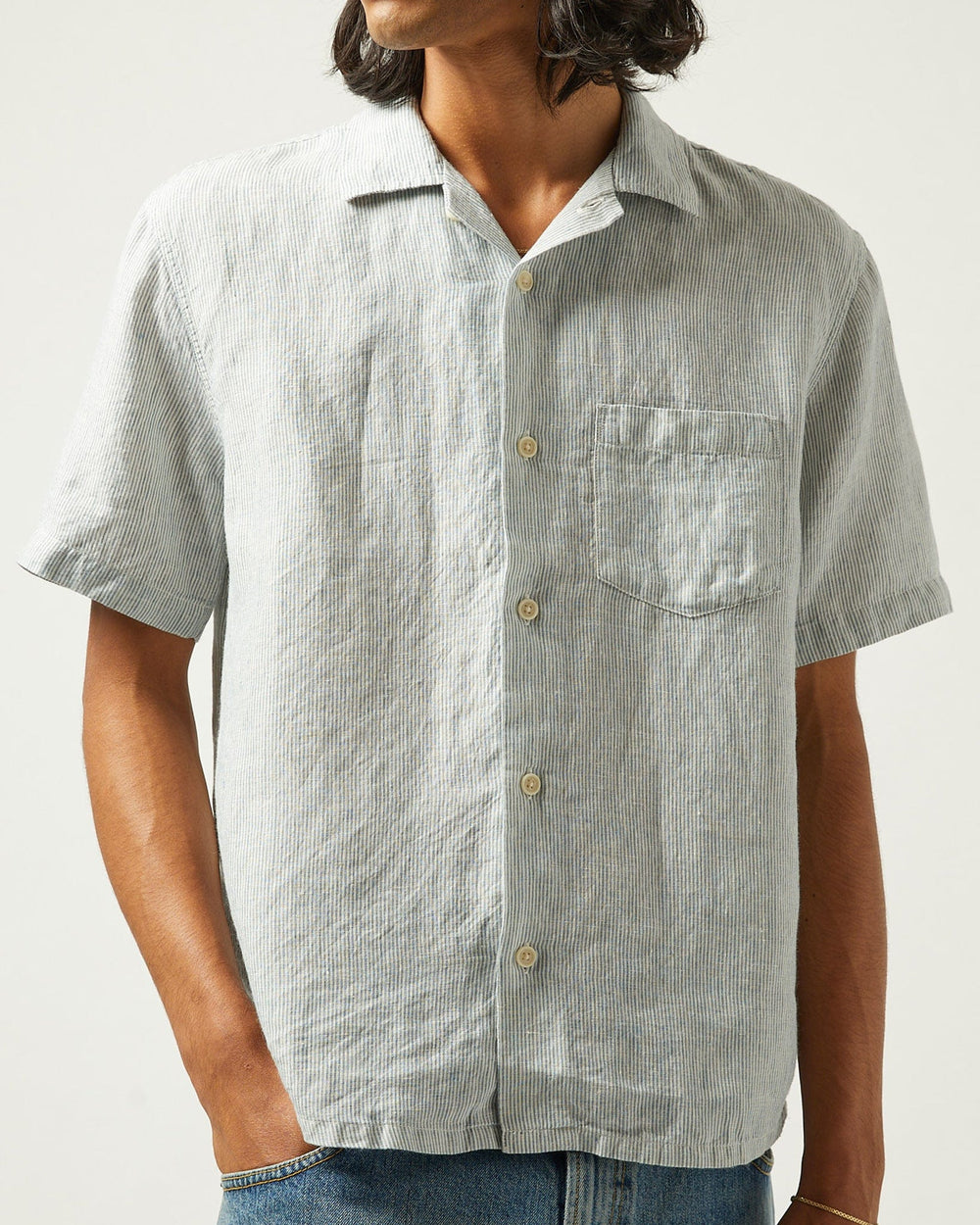 Linen Stripe SS Camp - Blue-SS w/ Camp Collar-Original Madras Trading Co. (OMTC)-Corridor